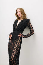 Gwendolyn v Neck Hollow Long Sleeve Lace Maxi Dress  In Black