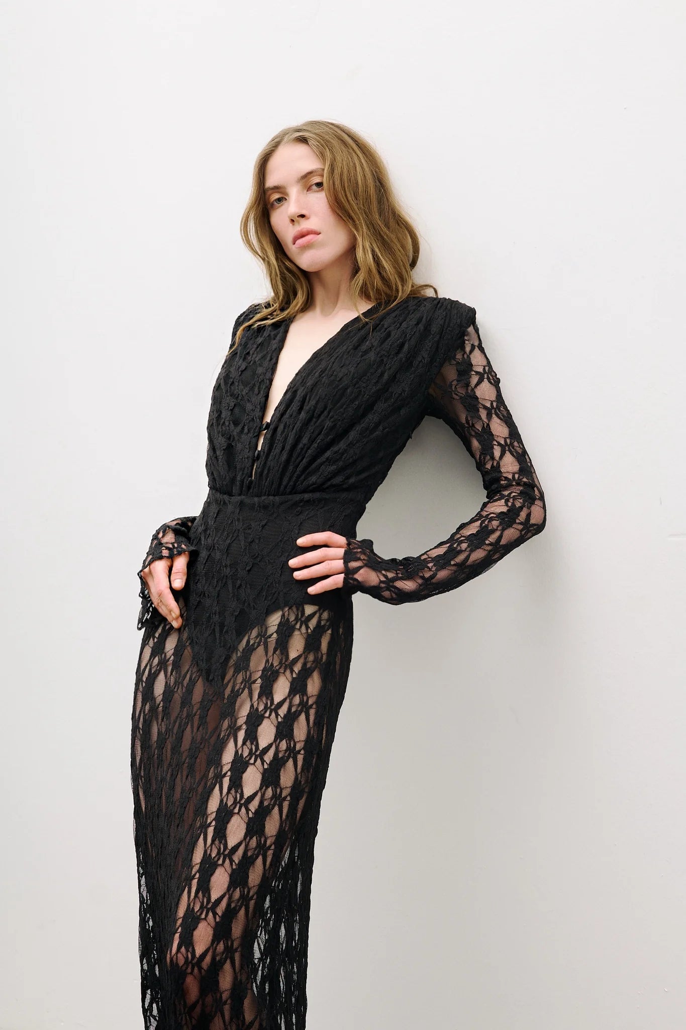 Gwendolyn v Neck Hollow Long Sleeve Lace Maxi Dress  In Black