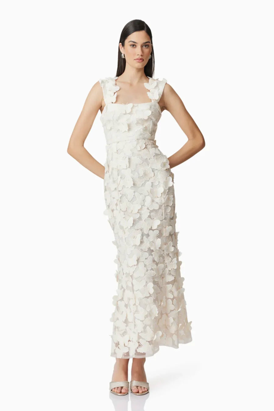 Square Neckline 3D Flower Embroidery Gown In White