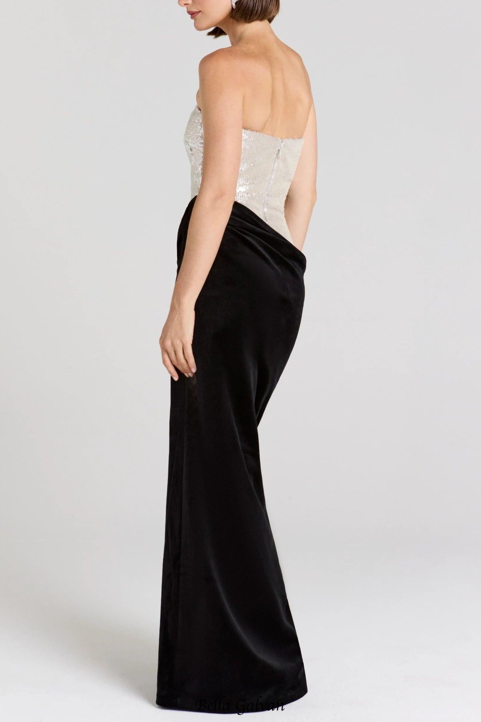 nancy off shoulder sequin high slit velvet maxi Dress - Silver/Black