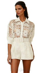Flowering Girl Women hollow cut lace shirt shorts two pieces set in white