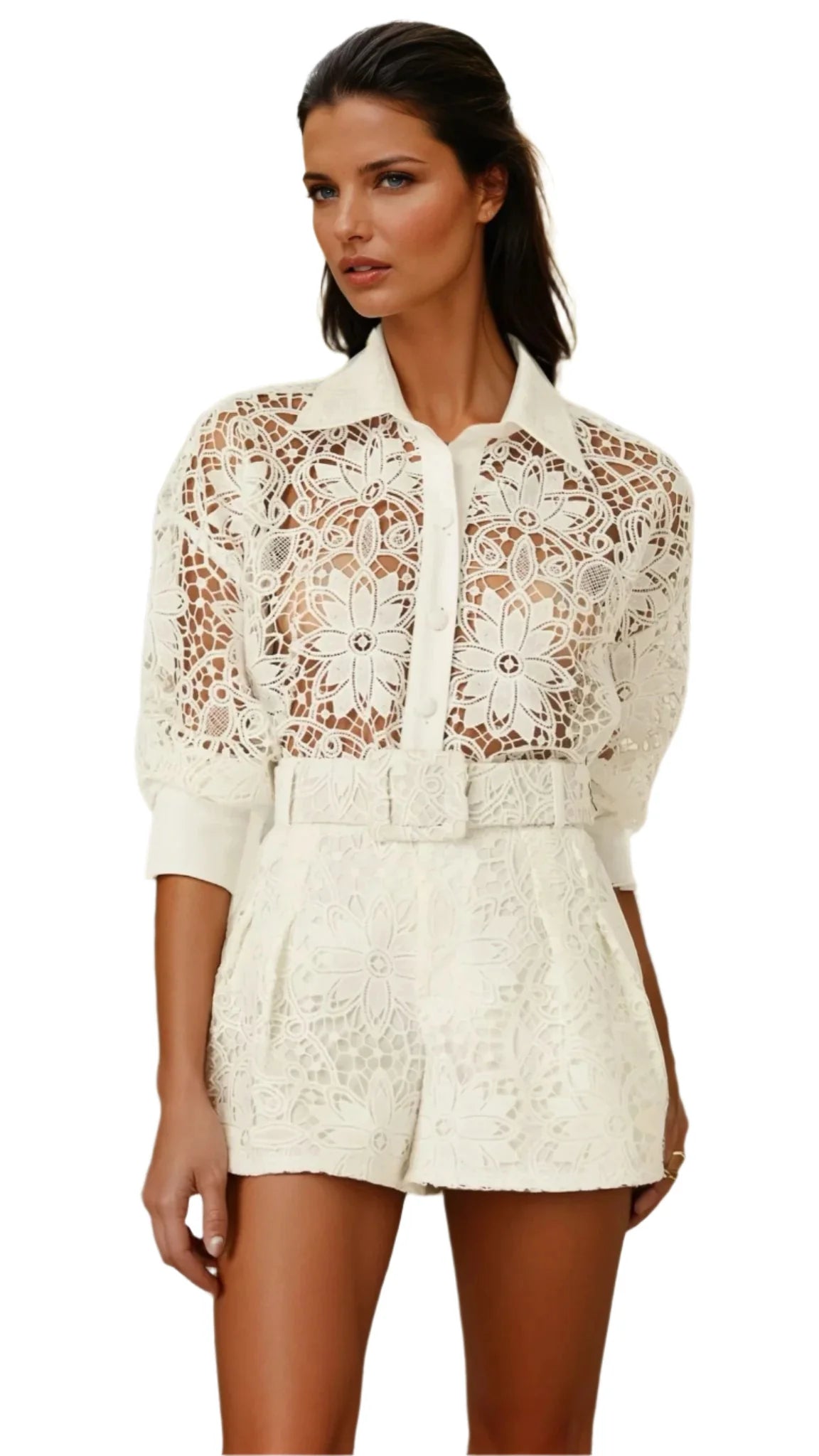 Flowering Girl Women Hollow Cut Lace Shirt Shorts Two Pieces Set In White
