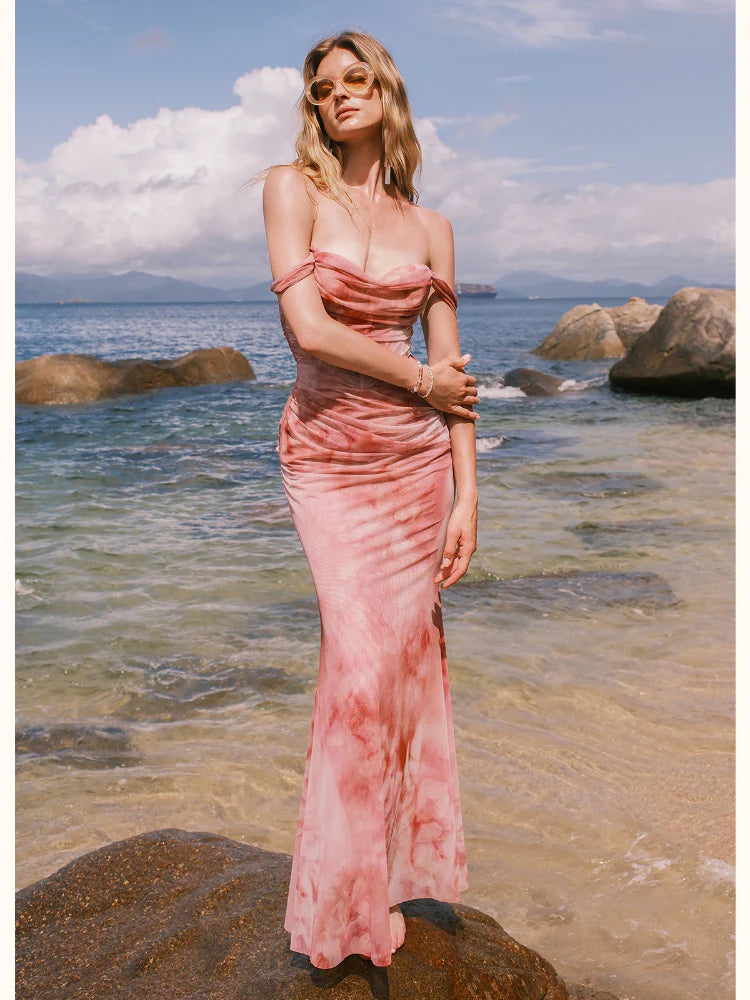 Sylvia Pink Off-Shoulder Pleated Gradient-Dyed Maxi Dress