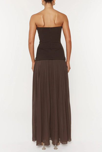 nelly pleated detail strapless maxi dress in brown