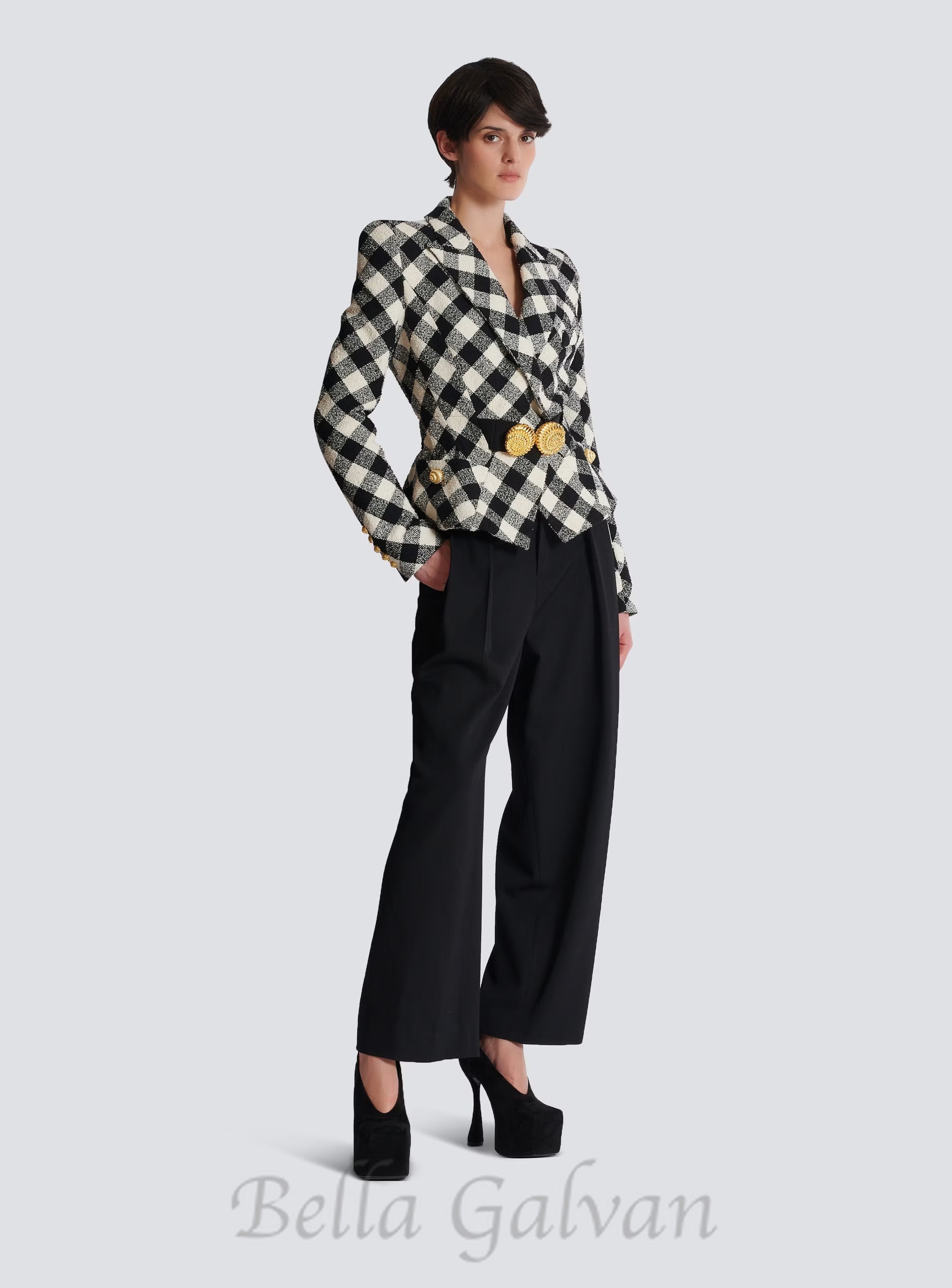 Flowering Girl Women Belted gingham tweed jacket with two Snail buttons