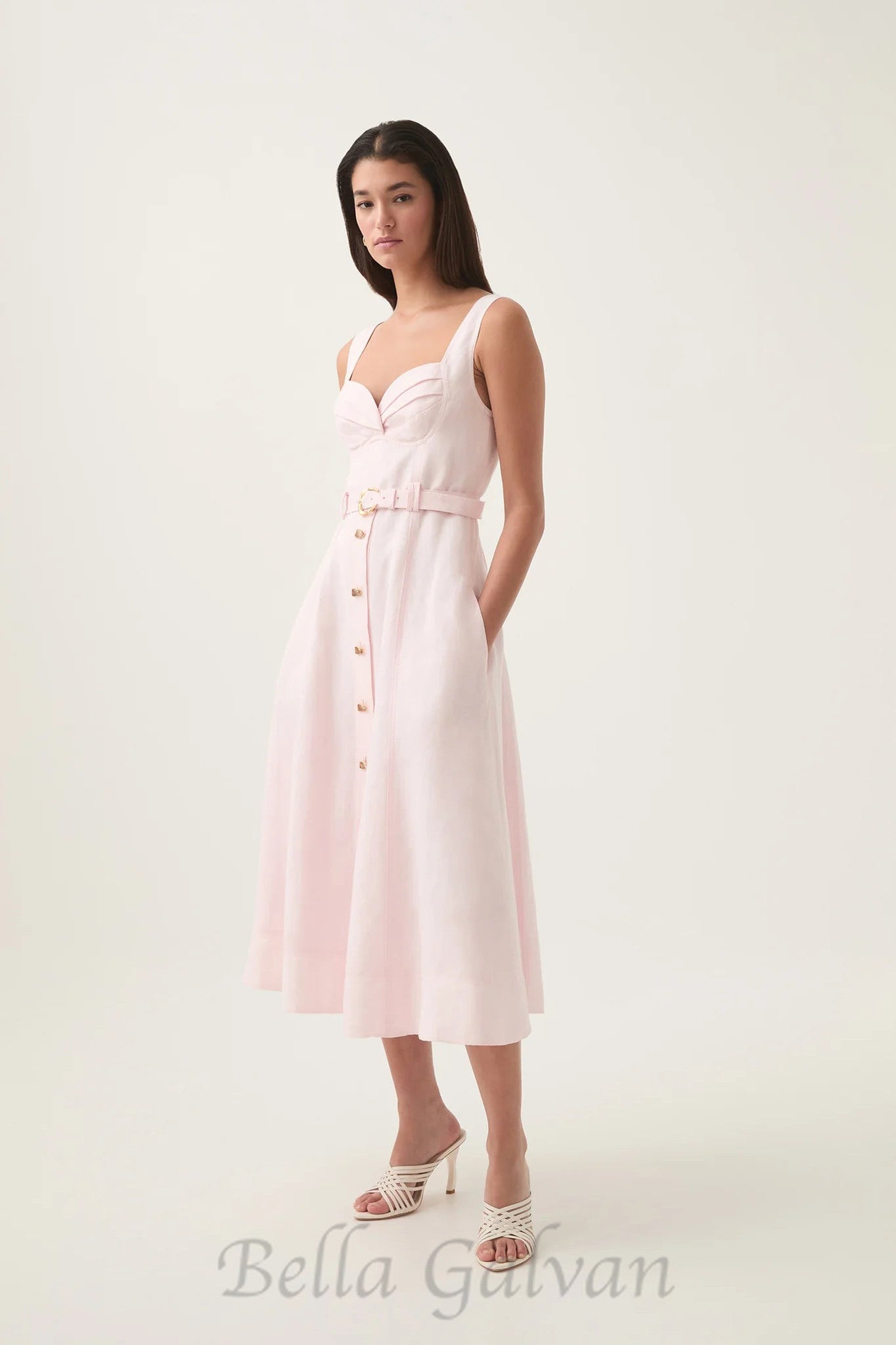 Flowering Girl Women sweetheart neckline belted midi dress in pink