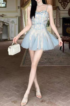 Light Blue Lace Corset Tulle Mini Dress