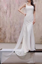 White Sleeveless Square Neck Mermaid Wedding Dress with Train