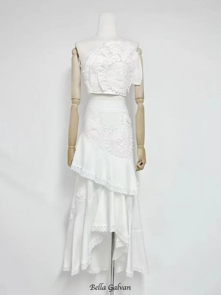 nina Ruffled strapless top floral embroidered mermaid skirt set - white