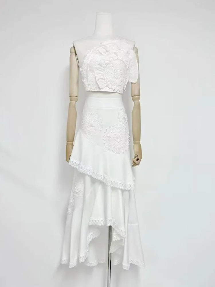 Flowering Girl Women Nina Ruffled Strapless Top Floral Embroidered Mermaid Skirt Set - White