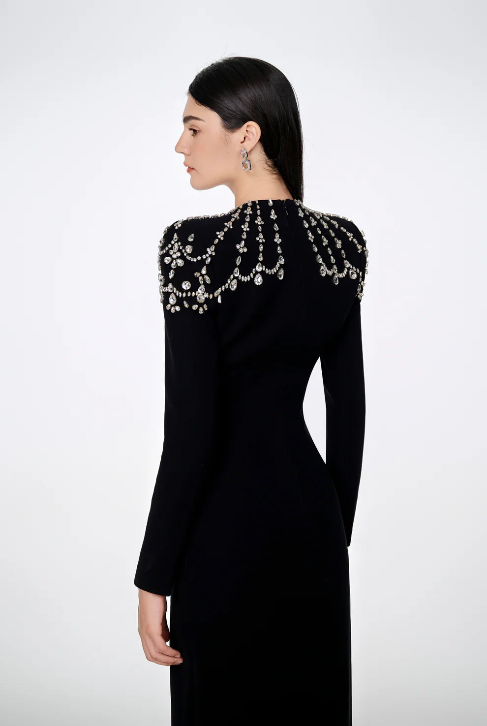 Flowering Girl Women crystal-embellished black long sleeve maxi dress