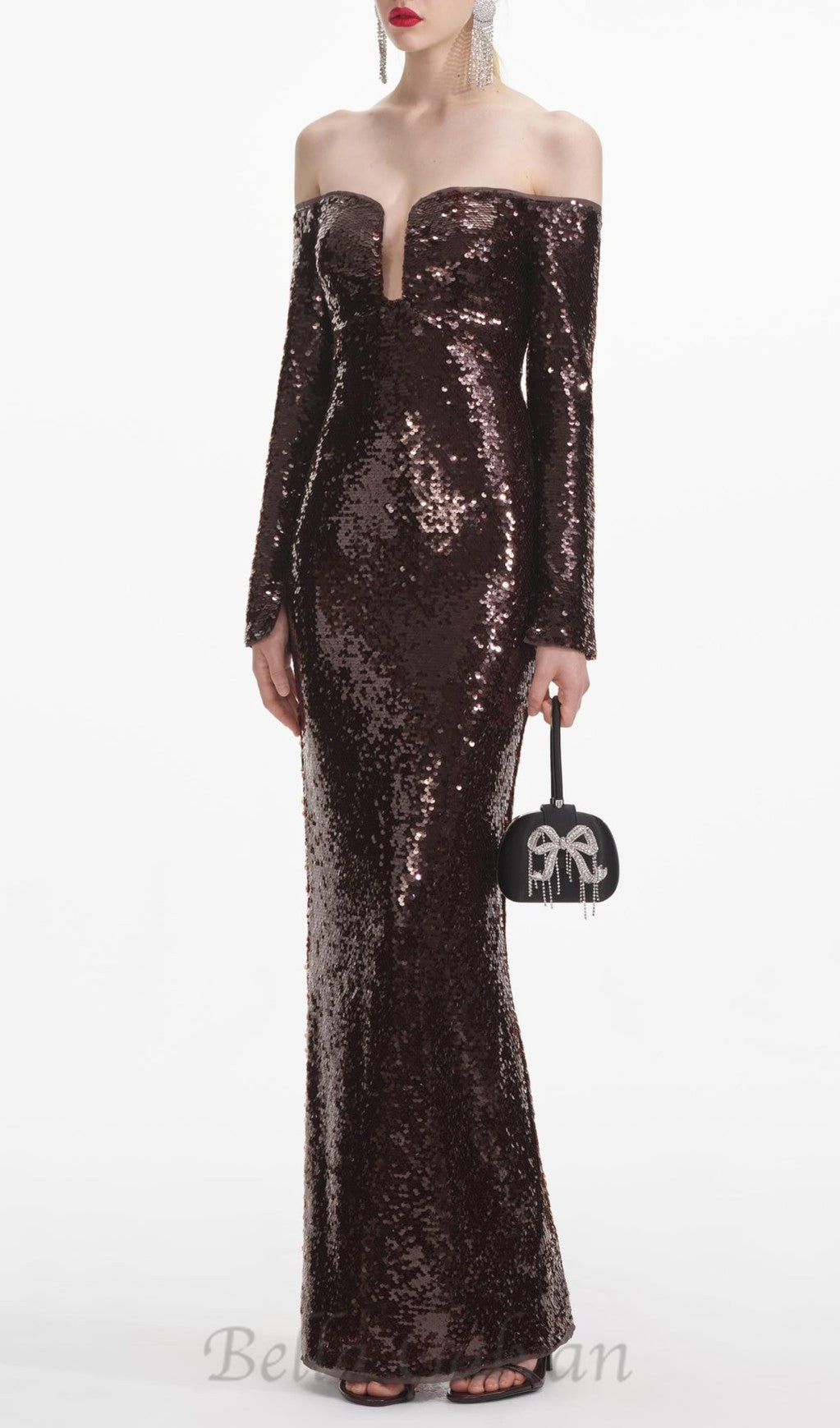 Flowering Girl Women long sleeve sequin maxi dress in brown