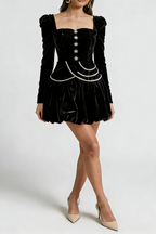 Vanessa Black Square Neck Rhinestone Velvet Mini Dress