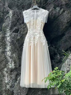 Floral Appliqué Bodice Sleeveless Midi Dress In Beige