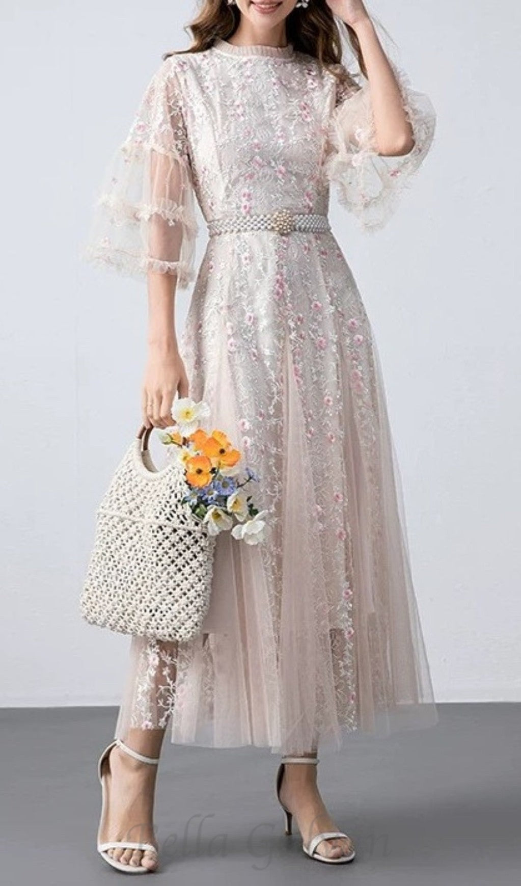 Flowering Girl Women flower mesh midi dress in apricot