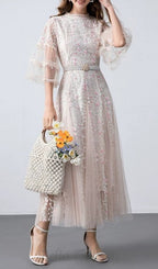 Flowering Girl Women flower mesh midi dress in apricot