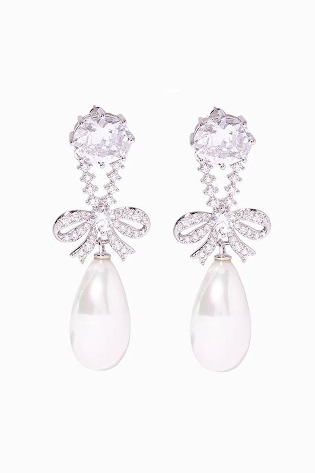 Flowering Girl Women Cubic Zirconia Bow Teardrop Pearl Long Drop Silver Earrings