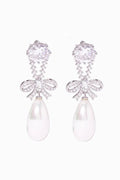 Flowering Girl Women Cubic Zirconia Bow Teardrop Pearl Long Drop Silver Earrings