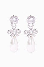 Flowering Girl Women Cubic Zirconia Bow Teardrop Pearl Long Drop Silver Earrings