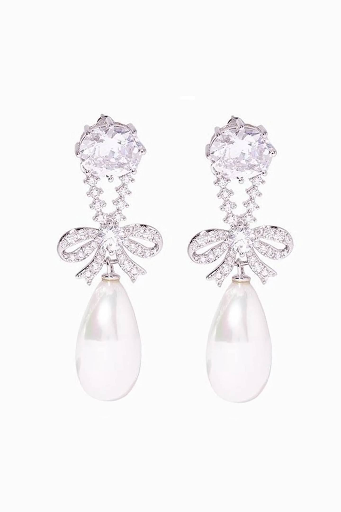 Flowering Girl Women Cubic Zirconia Bow Teardrop Pearl Long Drop Silver Earrings