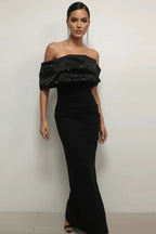Flowering Girl Women Rosemary Black Pearl Embellished Draped Strapless Maxi Dress