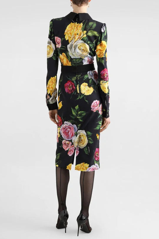 Flowering Girl Women Bernice Rose Print Shirt Midi Dress In Black