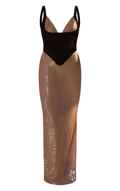 lila Nude Sequin Contrast Velvet Corset Maxi Dress