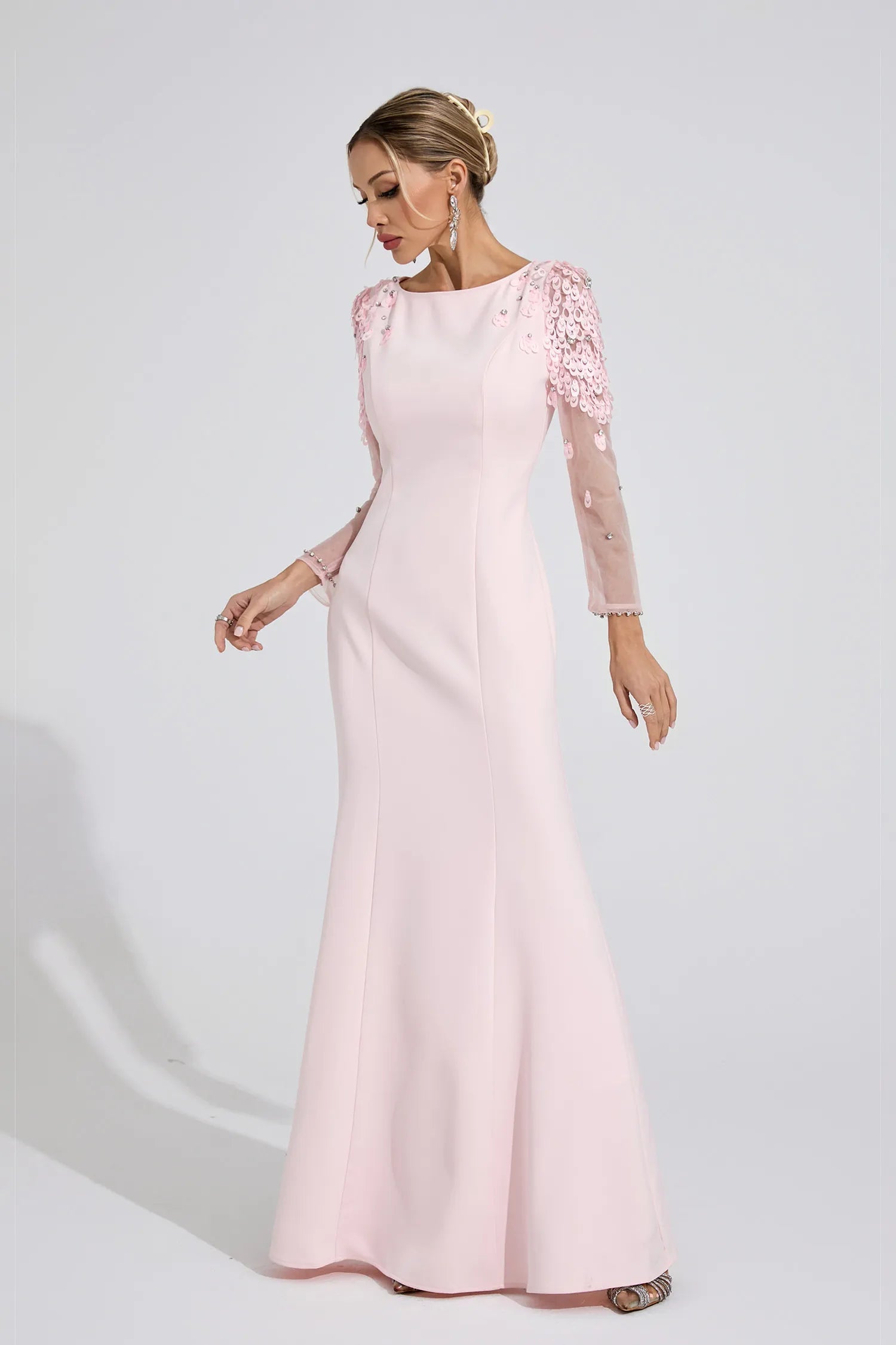 Victoria Pink Sequin Mesh Sleeve Maxi Dress