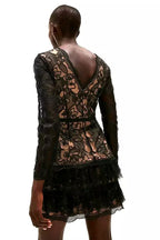 Flowering Girl Women black tulle ruffle hem embroidered lace mini dress