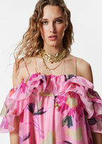 hedwig off-shoulder floral printed ruffle maxi dress in rose red