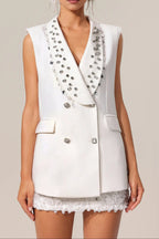 White V-Neck Sleeveless Diamond Midi Suit Top