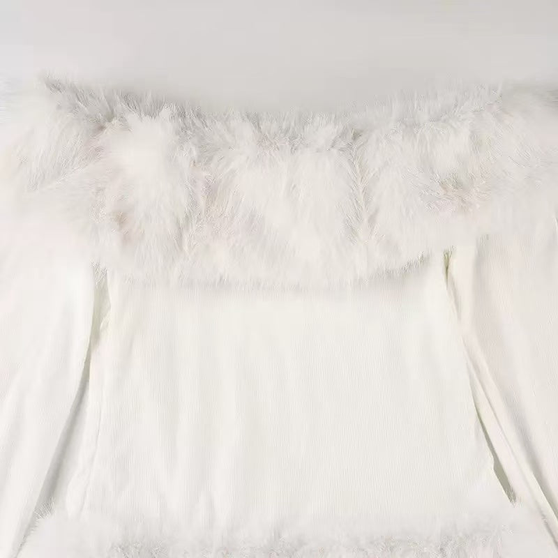 White Strapless Faux Fur Slim Mini Dress