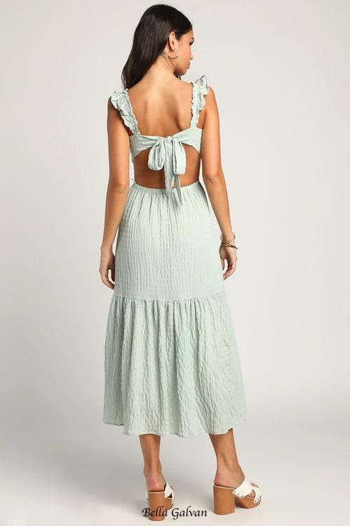 Flowering Girl Women Mint Smocked Tie-Back Tiered Midi Dress