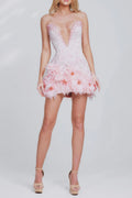Tube Top deep V-neck pearl bodycon mini dress in pink