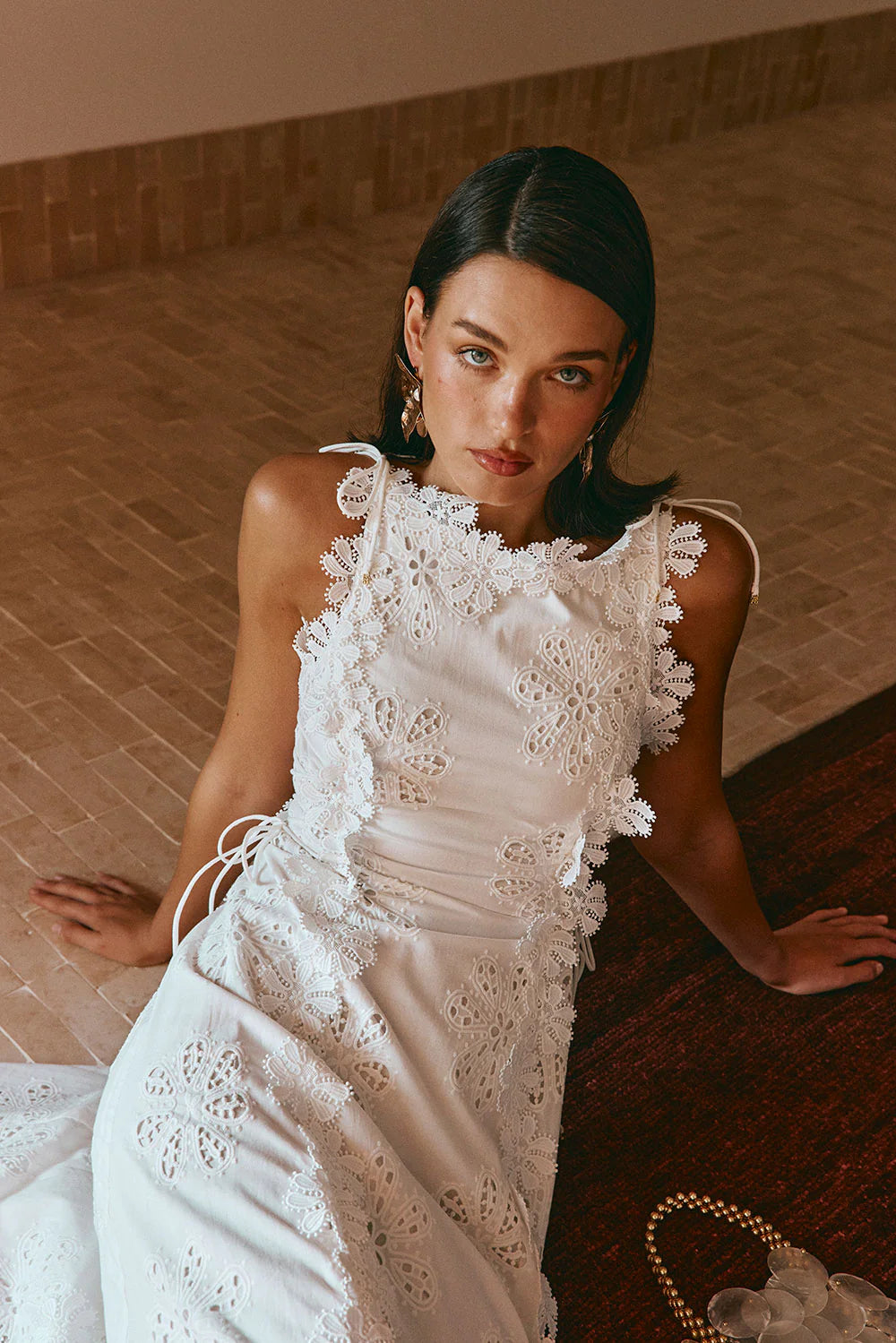 Flowering Girl Women Lace Trim Embroidery Hollow Midi Dress In White
