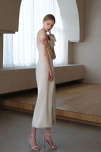 Estelle White Off Shoulder Satin Midi Dress With Bow