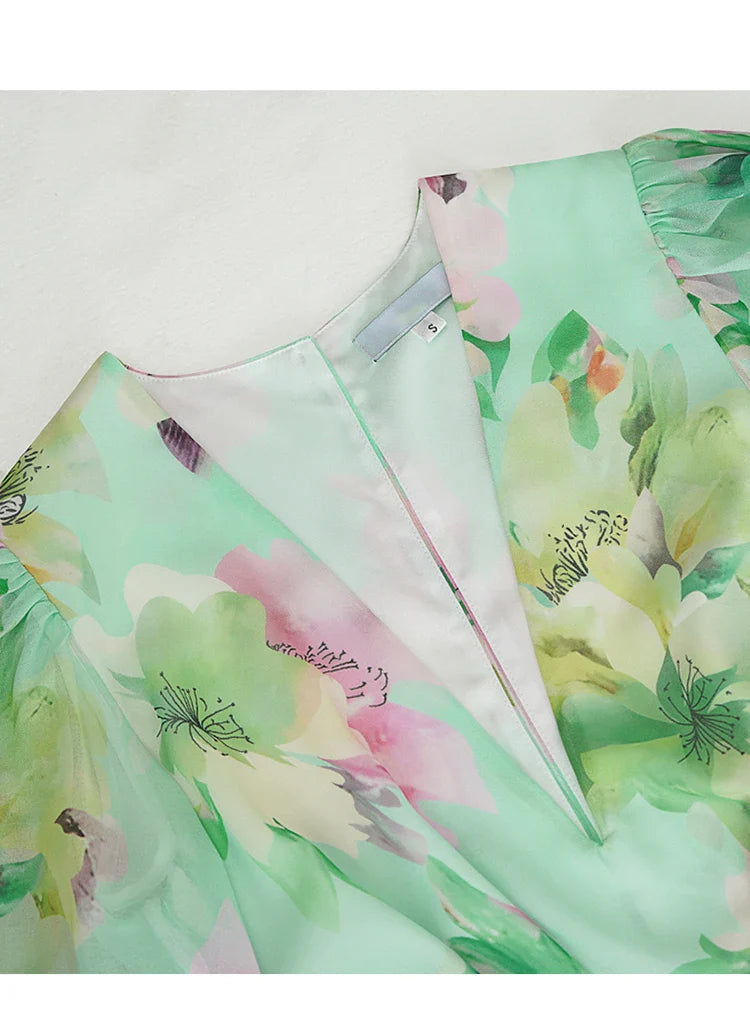 Flowering Girl Women V Neck Floral Print Chiffon Maxi Dress In Green