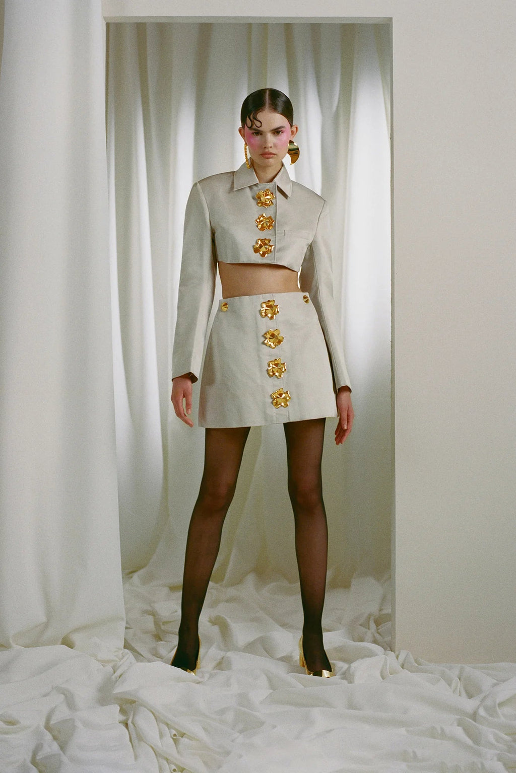 odelette Metal buttoned blazer skirt set in beige