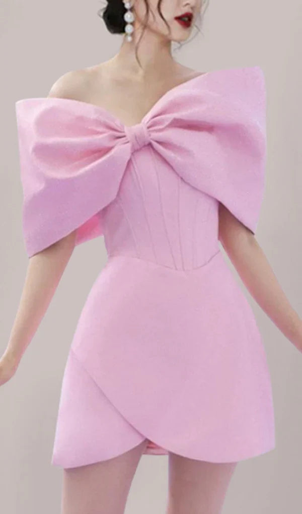 Flowering Girl Women Pink Off Shoulder Bow Corset Mini Dress