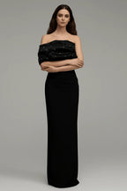 Flowering Girl Women Rosemary Black Pearl Embellished Draped Strapless Maxi Dress