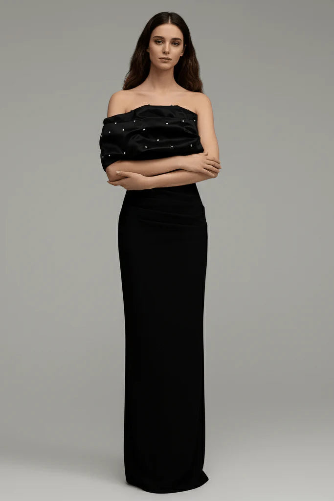 Flowering Girl Women Rosemary Black Pearl Embellished Draped Strapless Maxi Dress