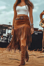 Retro High-waisted Casual Tassel Midi Skirt