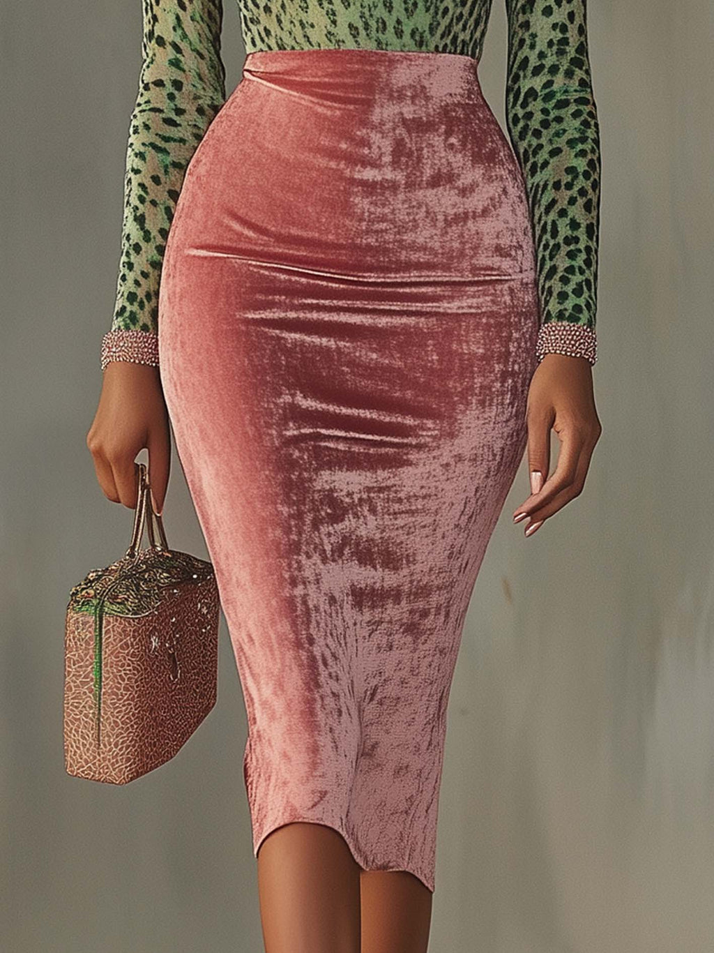 Flowering Girl Women Pink Velvet Bodycon Dress With Patchwork Webbing And Leopard Print