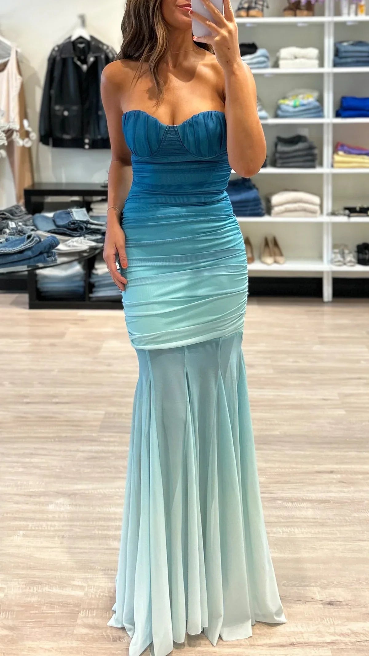 Flowering Girl Women Gradient Mesh Splicing Bodycon Strapless Maxi Dress In Blue