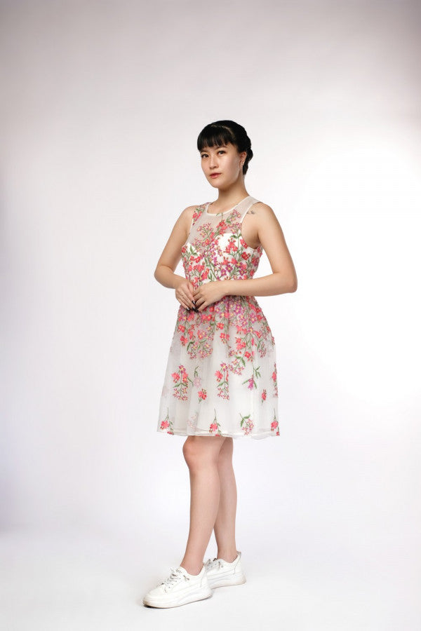 Flowering Girl Women Embroidered Floral white Flare mini Dress