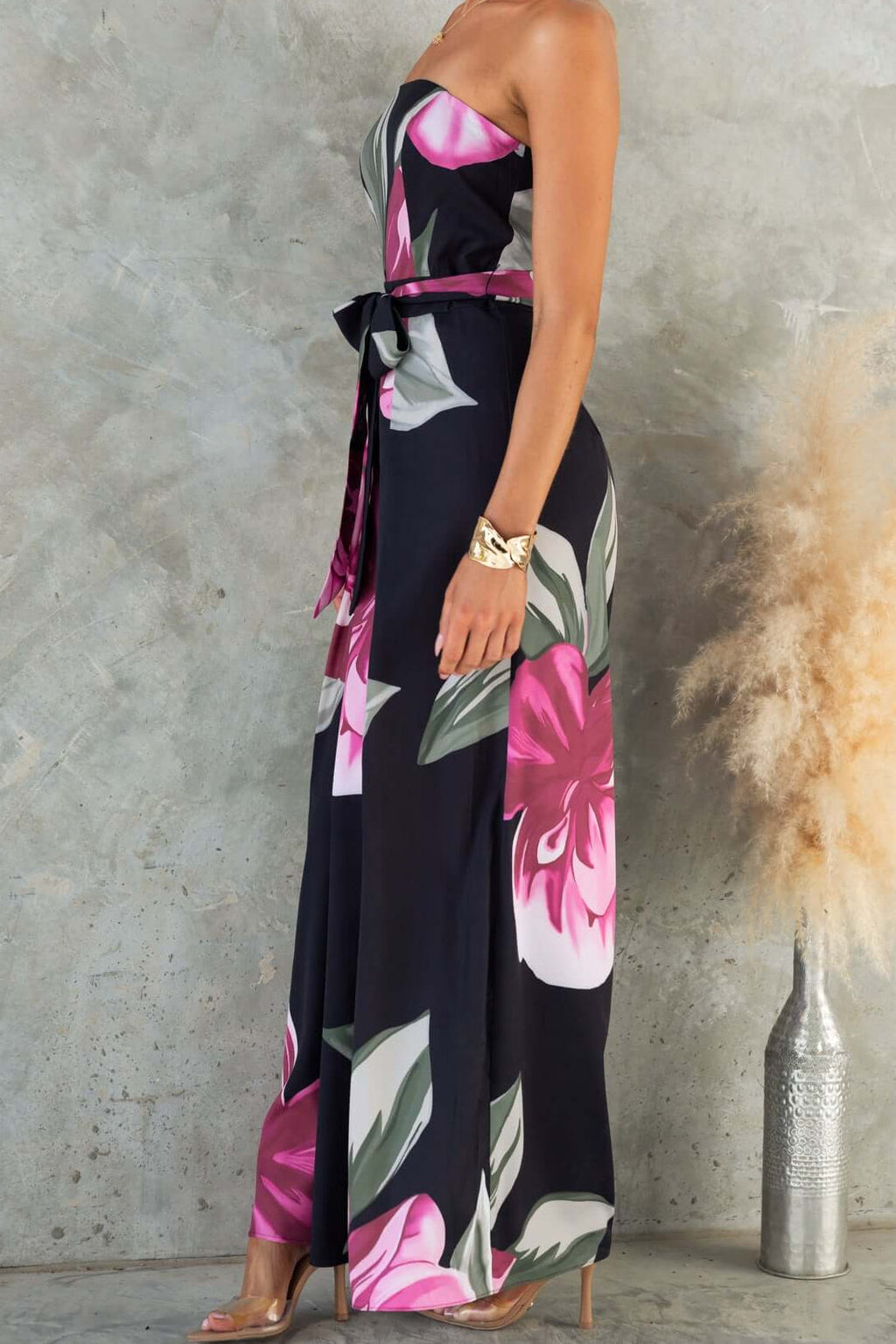 Black Strapless Floral Print Maxi Dress with Belt
