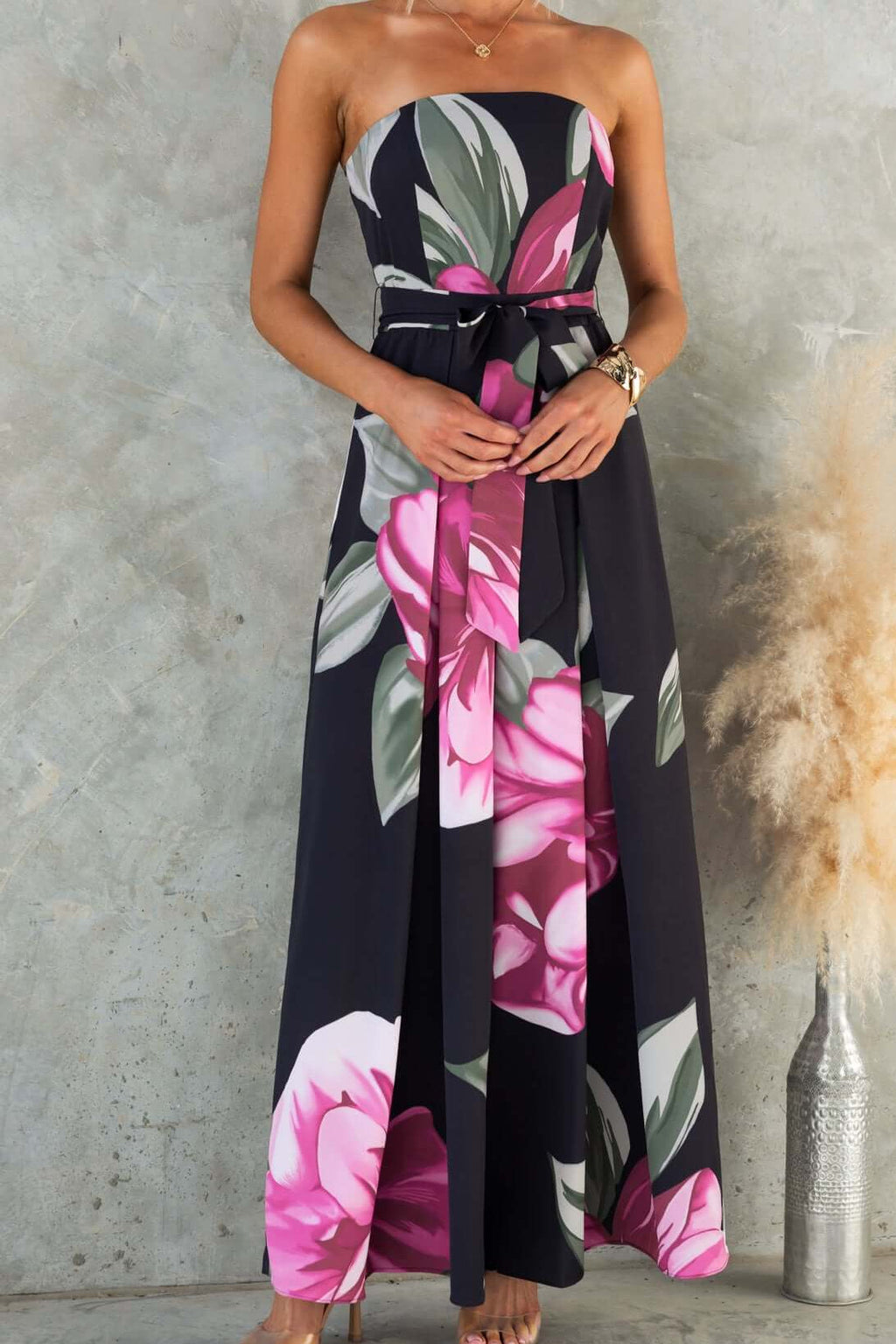 Black Strapless Floral Print Maxi Dress with Belt