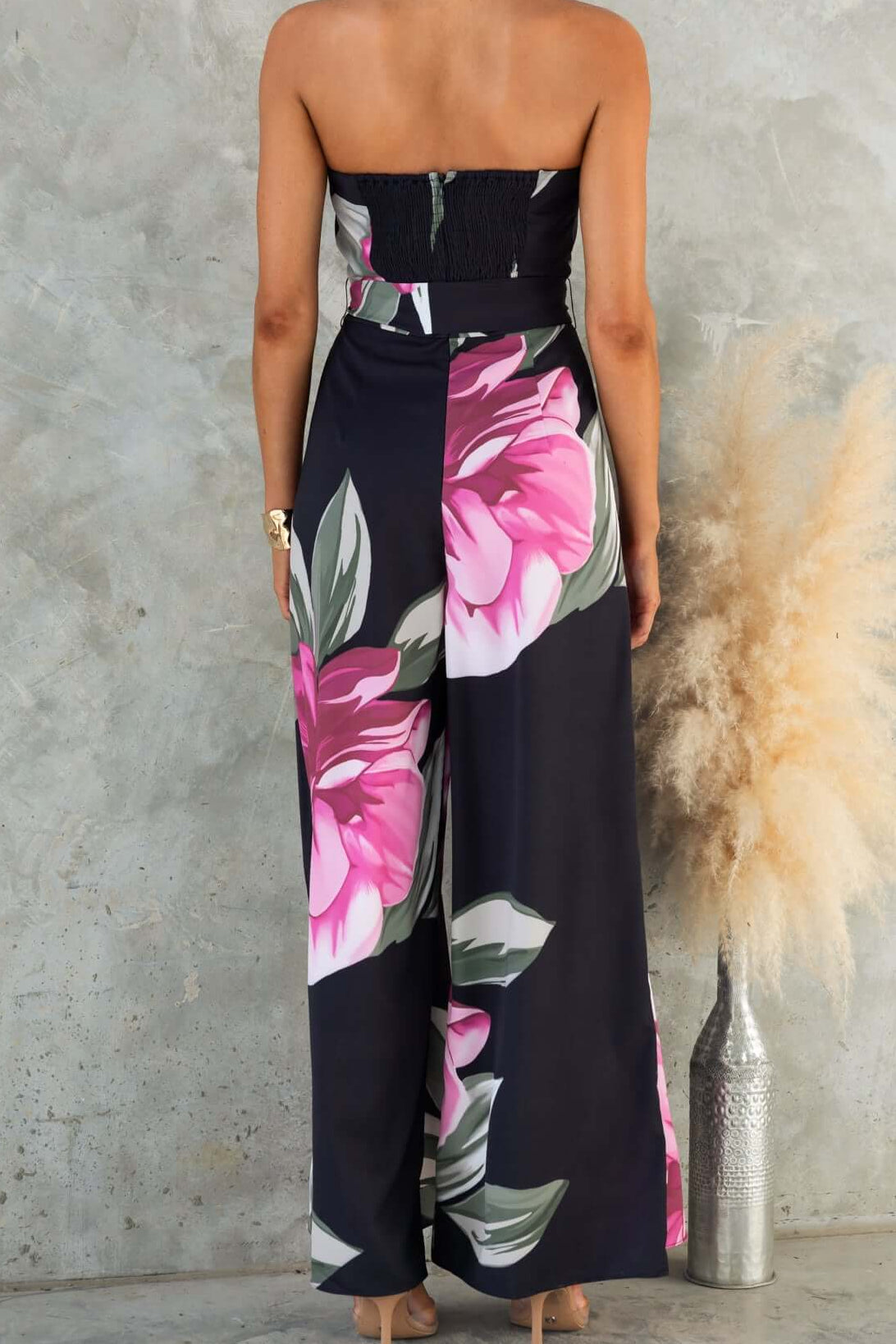 Black Strapless Floral Print Maxi Dress with Belt