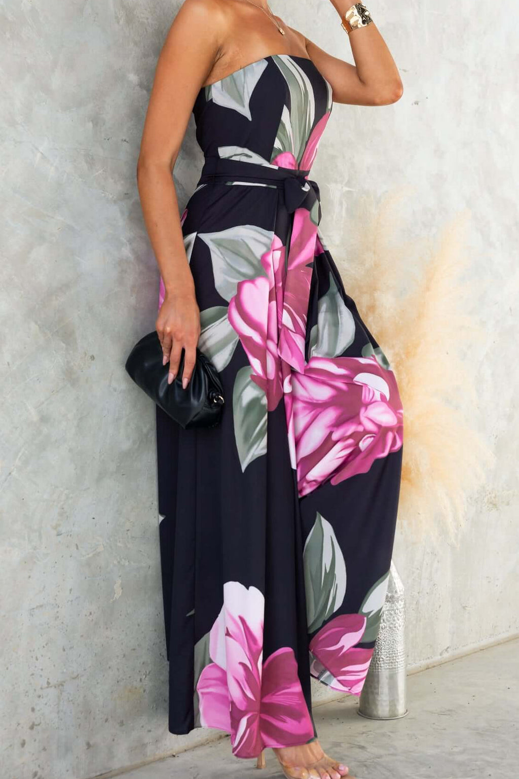 Black Strapless Floral Print Maxi Dress with Belt
