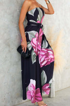 Black Strapless Floral Print Maxi Dress with Belt